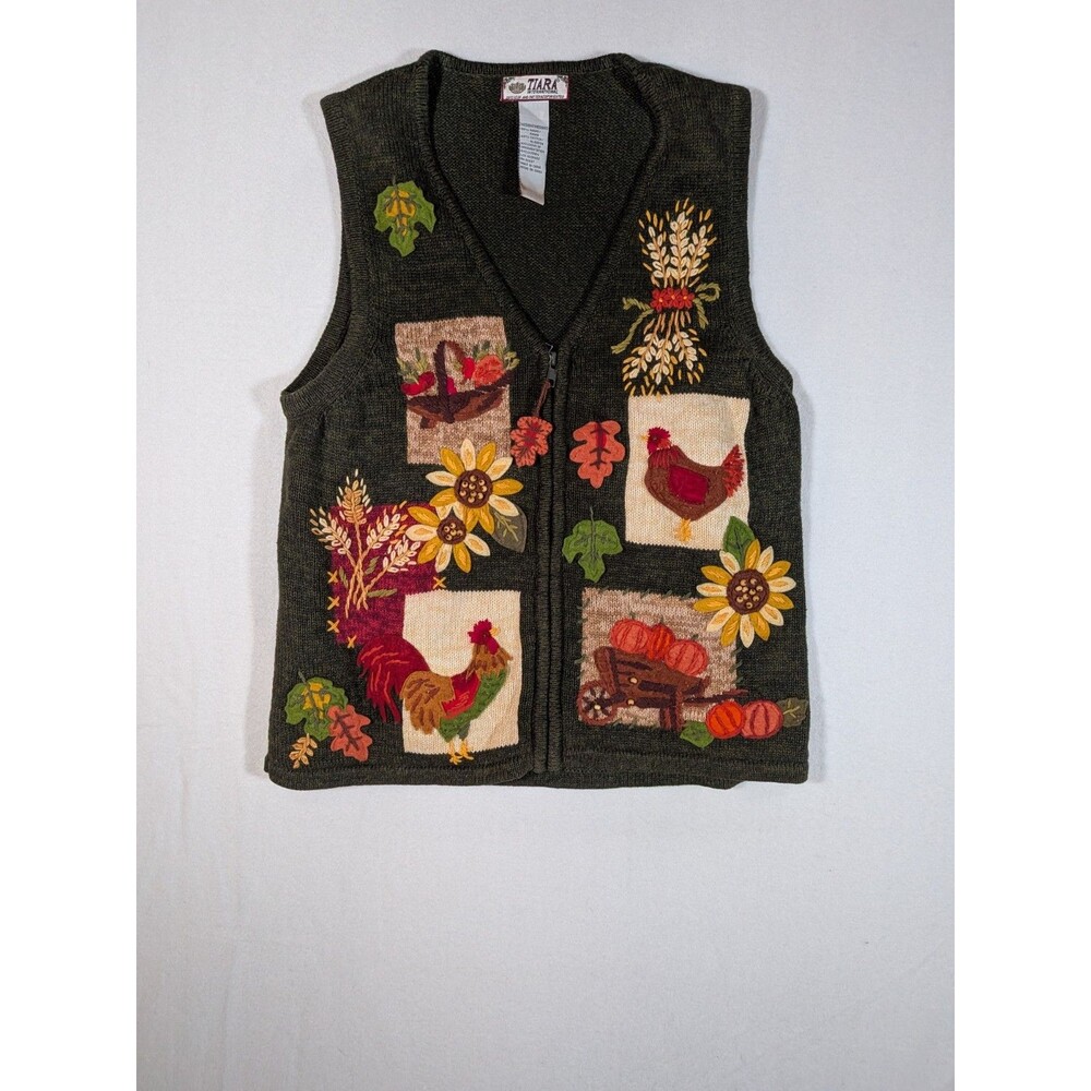 Vintage Tiara International Womens M Sweater Vest Fall Rooster Pumpkin Farmcore
